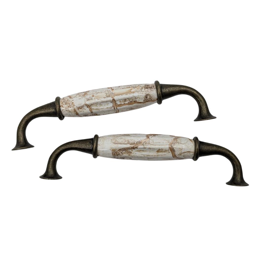 12 pcs Antique Brass Ceramic Pumpkin Cabinet Handles with Brown Marble Finish for Cabinets, Drawers, Dressers, Trays