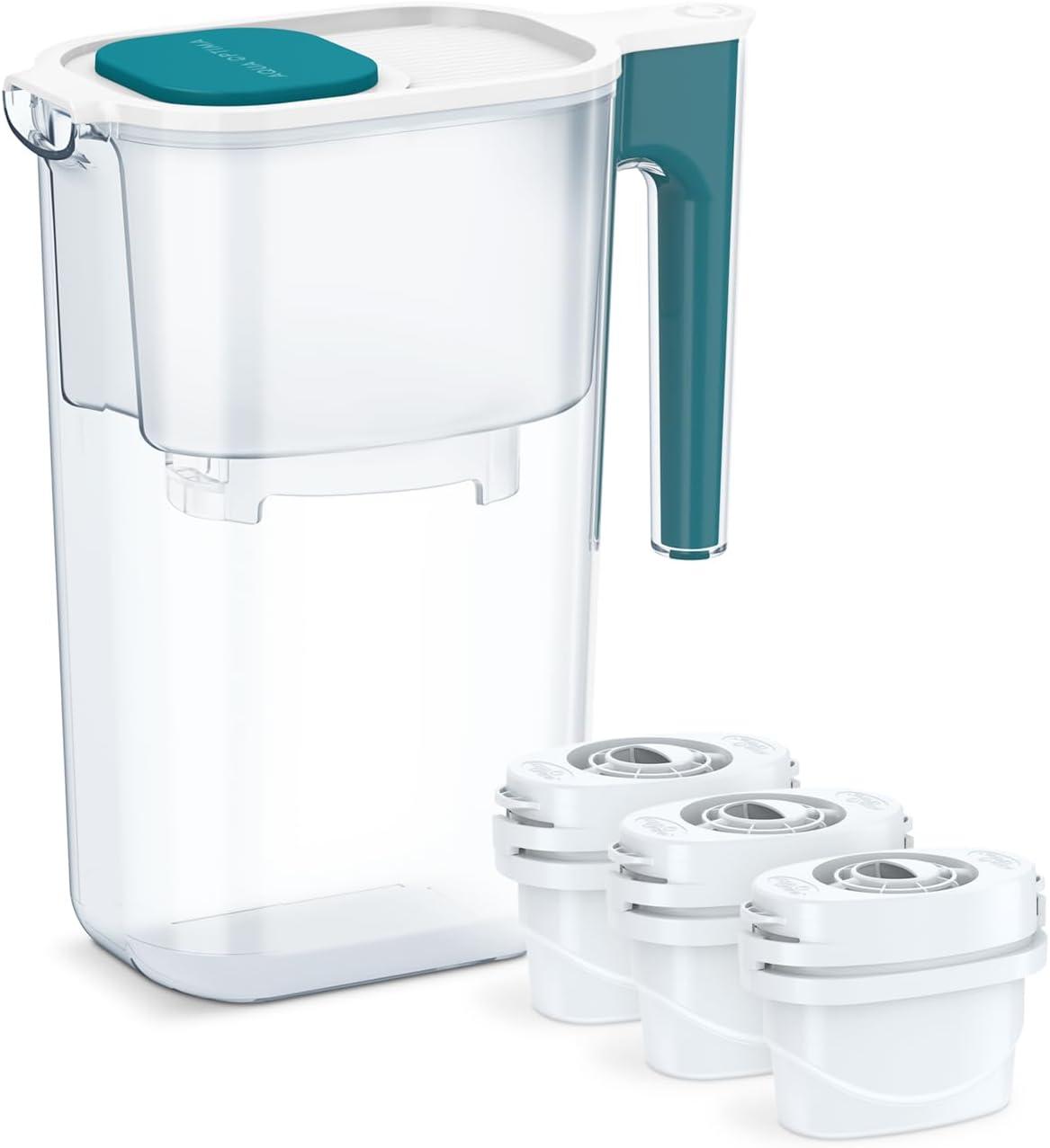 Perfect Pour Large 10 Cup Water Filter Pitcher By Aqua Optima, Ergonomic, Eliminates Splashes And Spills, Bpa Free, Wqa Certified, Includes 3 Evolve+ Water Filters, Teal