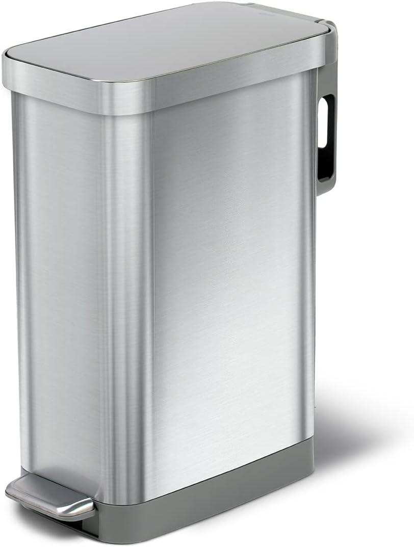 Glad Slim Trash Can with Clorox Odor Protection - Narrow Kitchen Garbage Bin with Soft Close Lid, Step On Foot Pedal and Waste Bag Roll Holder, All Stainless, 45 Liter