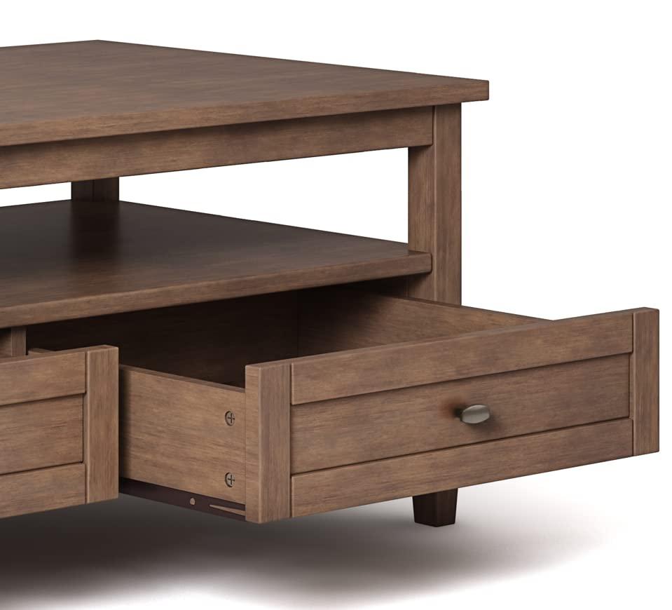 Simpli Home Warm Shaker 48"W Solid Wood Coffee Table with Two Storage Drawers and Open Shelf
