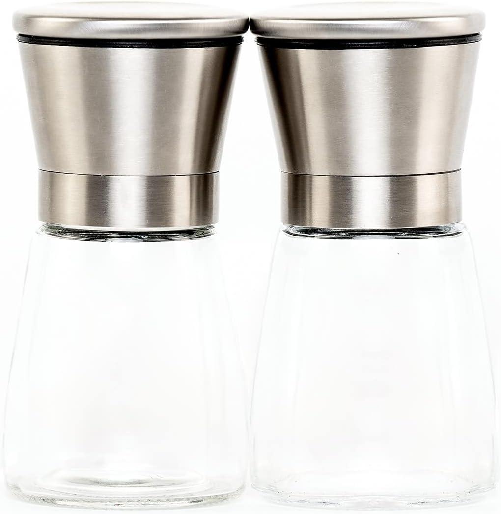 CB Accessories Stainless Steel Salt and Pepper Grinder Set with Wood Tray,  Adjustable Coarseness for Modern Farmhouse Kitchen Table