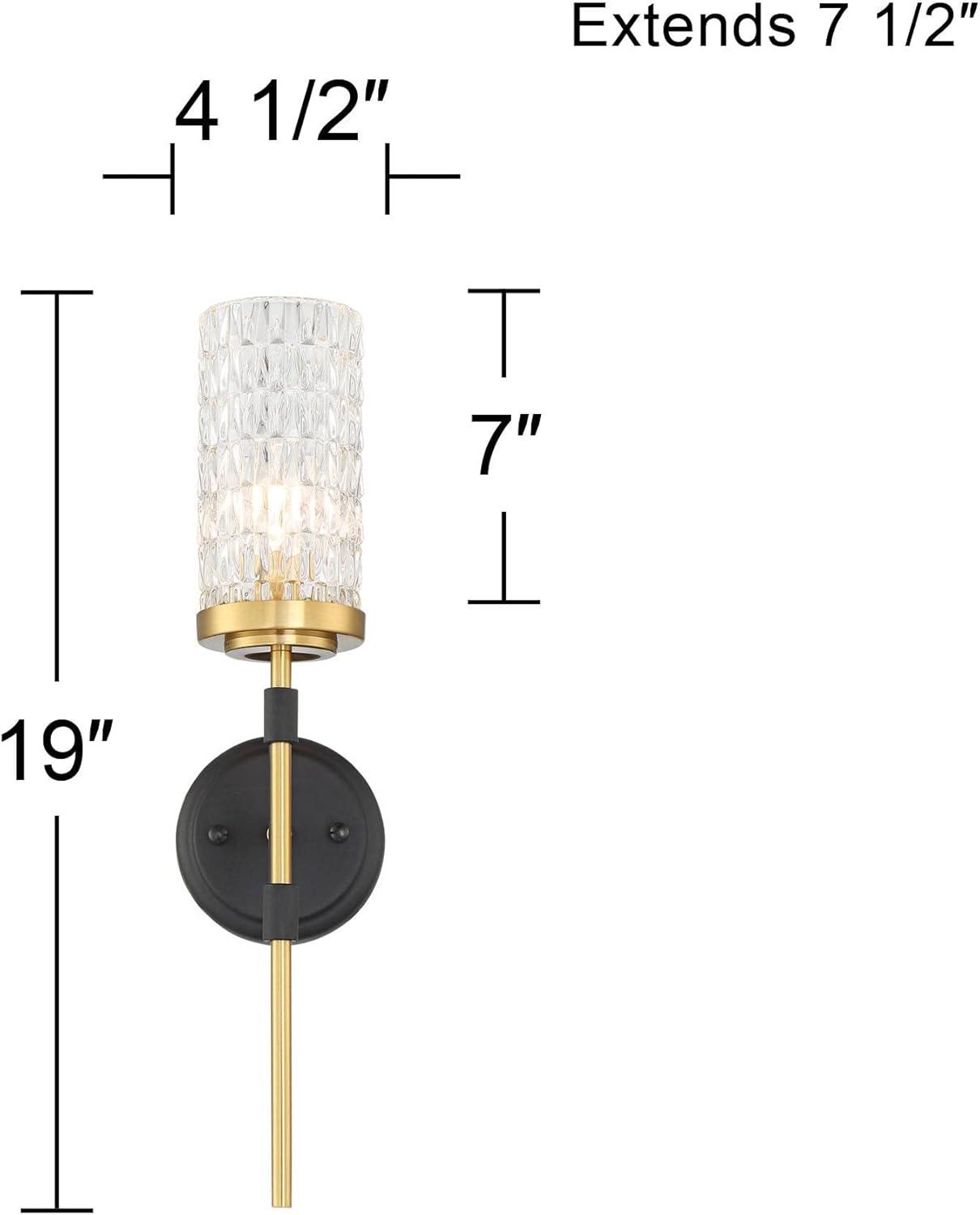 Possini Euro Design Darin Modern Wall Light Sconce Black Brass Hardwire 4 1/2" Fixture Faceted Cylinder Glass for Bedroom Bathroom Vanity Reading Home