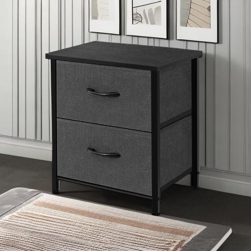 TCT Storage Dresser End/Side Table Night Stand Furniture Unit - Small Standing Organizer for Bedroom, Office, Living Room, and Closet - 2 Drawer Removable Fabric Bins - Dark Grey