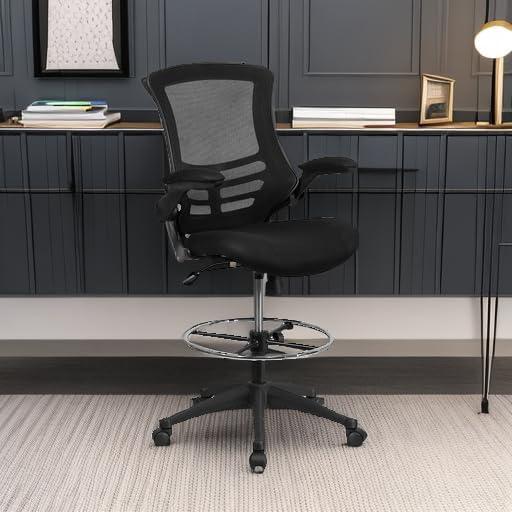 Flash Furniture Mid-Back Mesh Ergonomic Drafting Chair with Adjustable Foot Ring and Flip-Up Arms