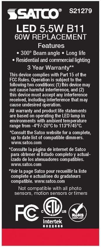 Satco Lighting 5.5 Watt Dimmable B11 Candelabra (E12) LED Bulb - 500 Lumens, And 90CRI S21279