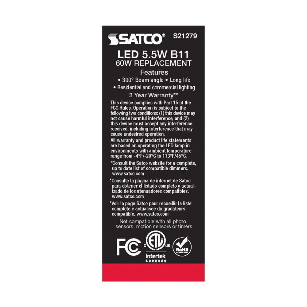 Satco Lighting 5.5 Watt Dimmable B11 Candelabra (E12) LED Bulb - 500 Lumens, And 90CRI S21279