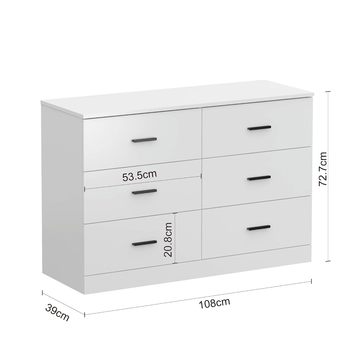 6 Drawer Dresser with Metal Handle, Wood Wide Chest of Drawers Storage Cabinet with 6 Drawers