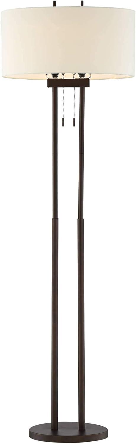 Franklin Iron Works Roscoe Modern Floor Lamp Standing 62" Tall Oil Rubbed Bronze Twin Pole White Drum Shade for Living Room Bedroom Office House Home