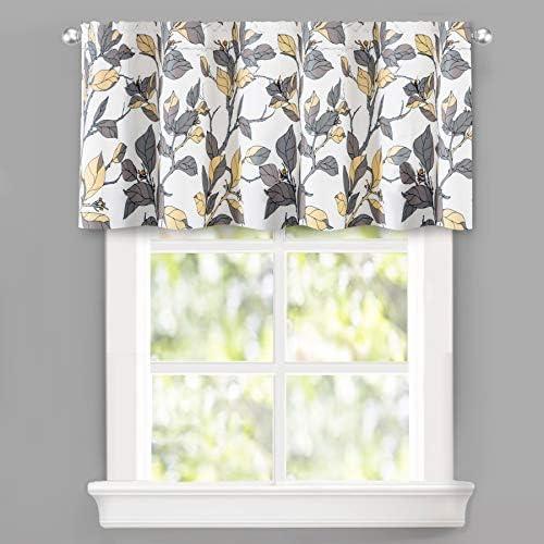 DriftAway Ryan Floral Leaves Blackout Window Curtain Valance Rod Pocket Yellow Gray 52"Wx24"L+2" Header