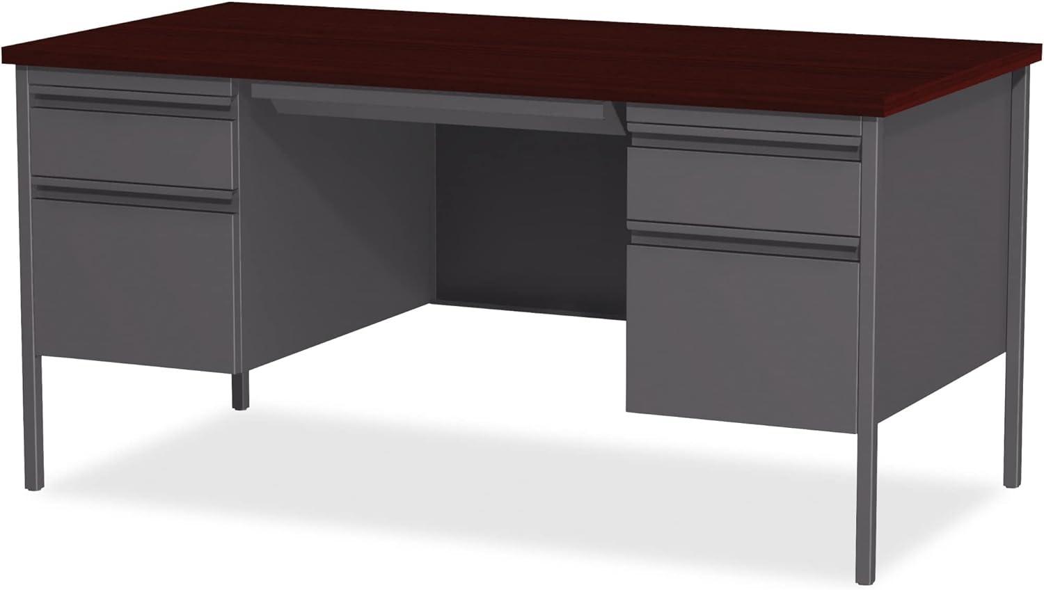 Charcoal Mahogany Executive Desk with Dual Pedestals and Drawer