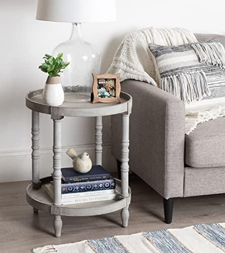 Bellport Classic Round Wood Side Table with Lower Shelf, Distressed Gray