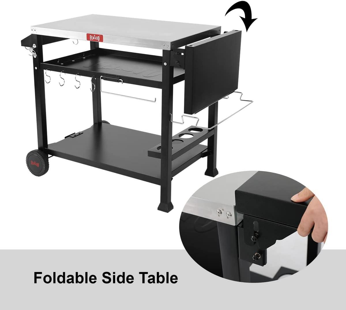 50 in. Three-Shelf Stainless Outdoor Movable Food Prep Grill Cart Table with Fordable Side Table