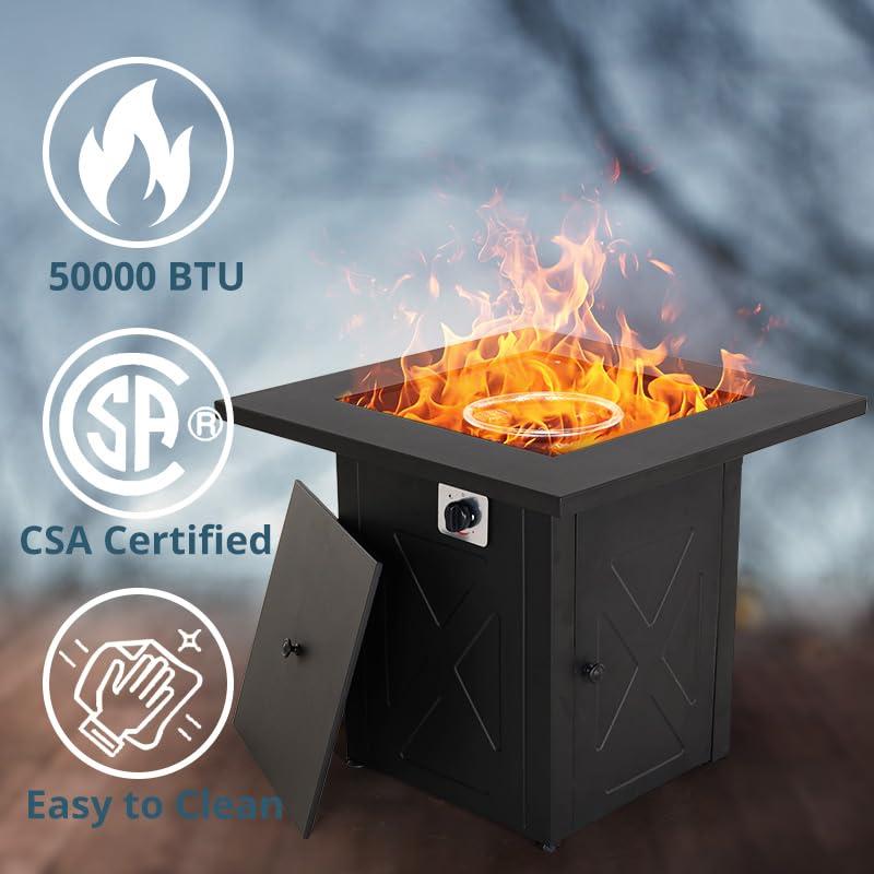 Magshion 28 inch Fire Pit Table 50,000 BTU Propane Gas Fire Pit Table with Lava Rocks and Metal Lid for Outdoor Patio Backyard, Black