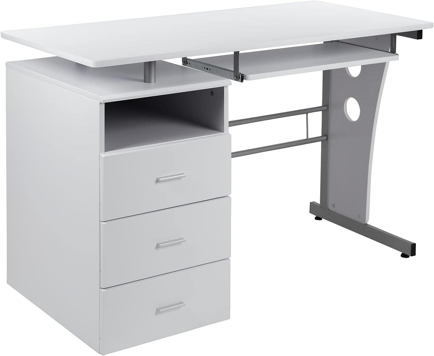 Flash Furniture White Desk with Three Drawer Pedestal and Pull-Out Keyboard Tray