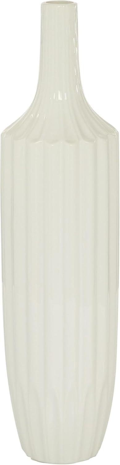 DecMode Modern Ceramic Tall White Decorative Vase with Vertical Groove Pattern 5"W x 19"H