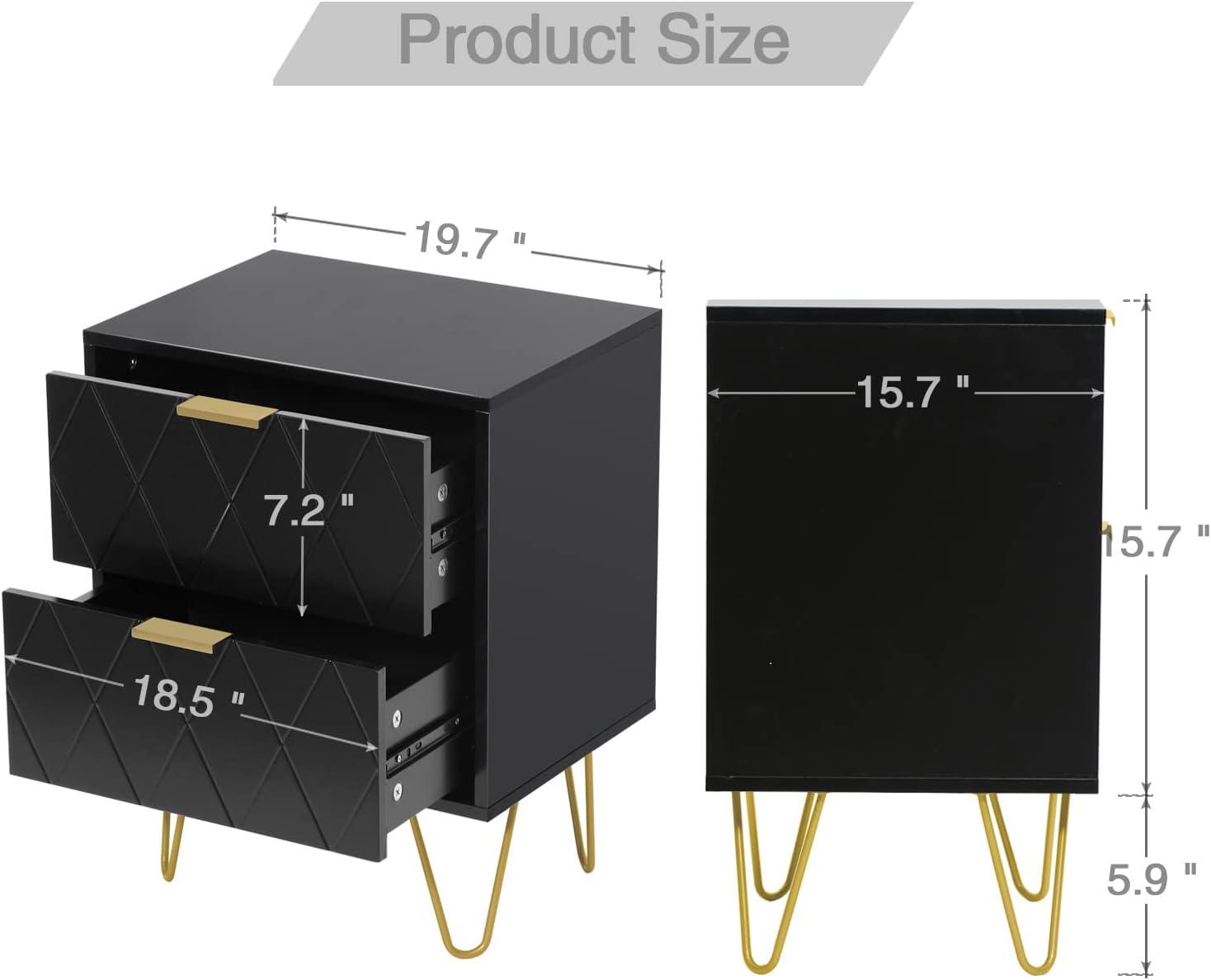 Eclife Set of 2 Black Nightstand End Table 2 Drawers Dressers Modern Mid Century Accent Bedside Tables Stand Wood with Gold Handle Legs for Adult Makeup Bedroom Living Room