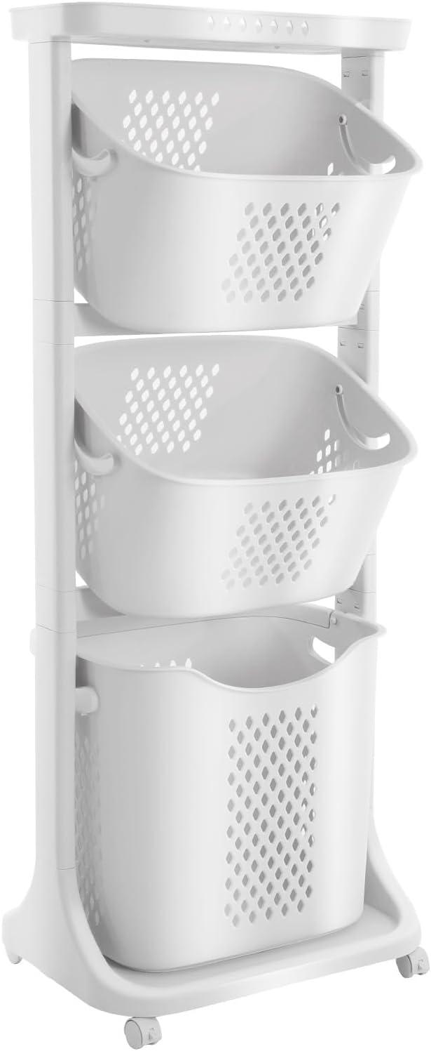 White 3-Tier Plastic Rolling Laundry Hamper with Wheels