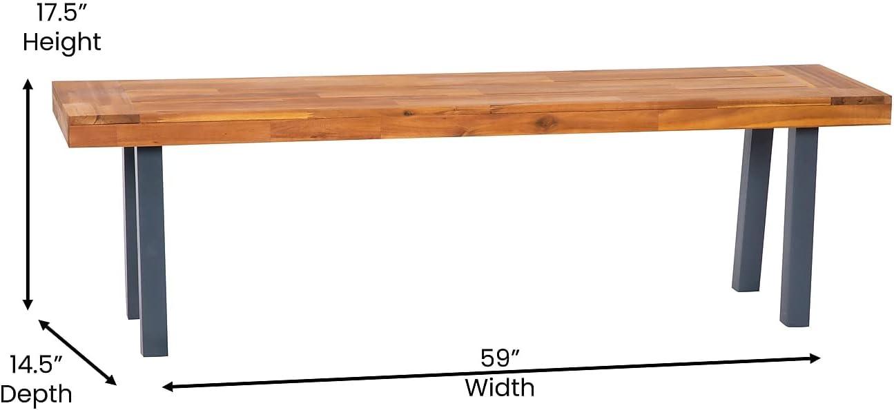 Flash Furniture Martindale Solid Acacia Wood Patio Dining Bench for 2 with Slatted Top and Black Flared Wooden Legs in a Natural Finish