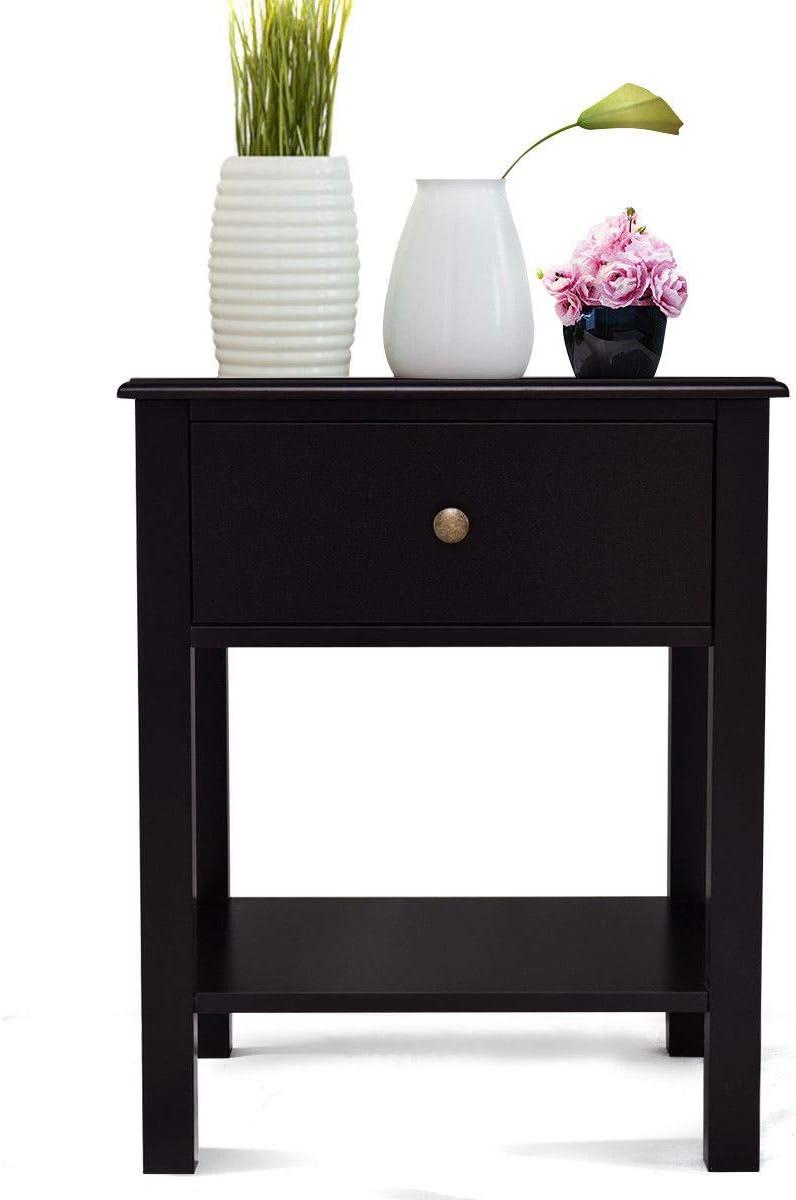 Tangkula End Table Nightstand w/Drawer & Shelf Bedroom Living Room Furniture Brown