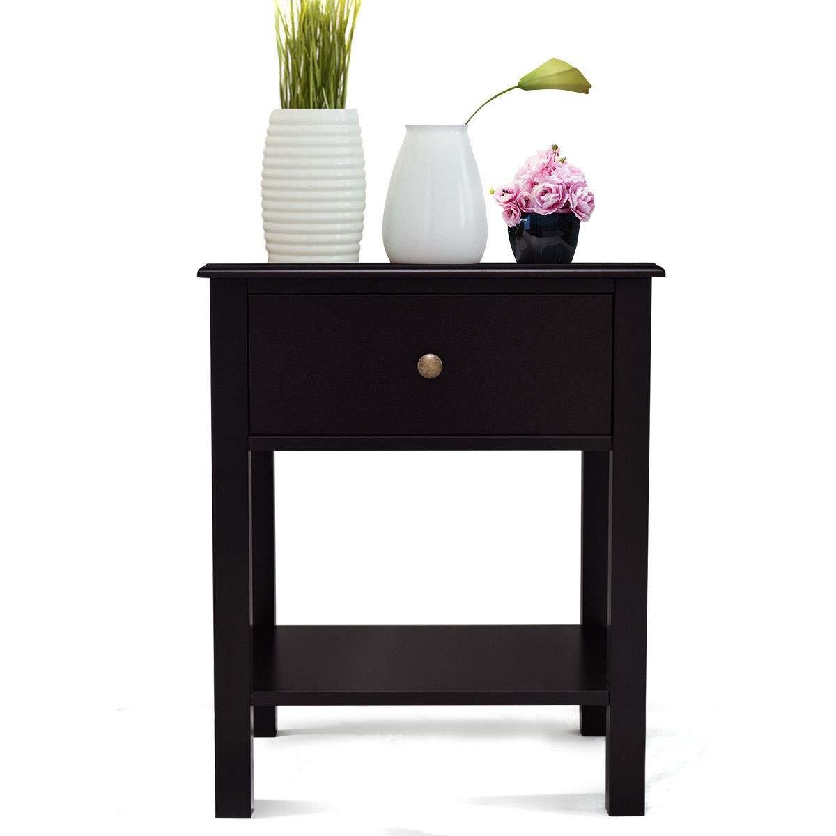Tangkula End Table Nightstand w/Drawer & Shelf Bedroom Living Room Furniture Brown