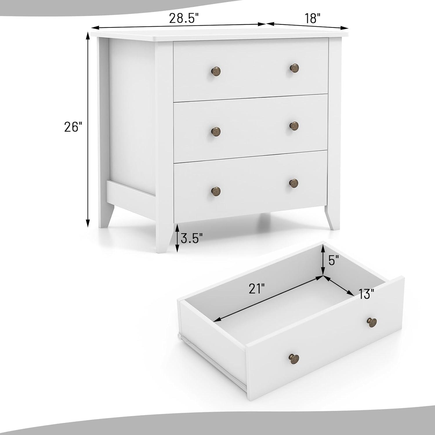 Tangkula 3 Drawer Dresser Chest of Drawers Bedside Table for Living Room Bedroom White