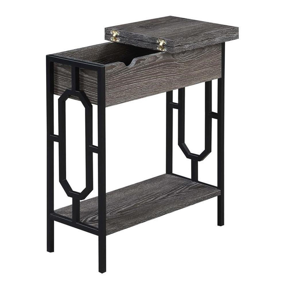 24 in. Omega Flip Top End Table with Charging Station, Weathered Gray Wood & Black