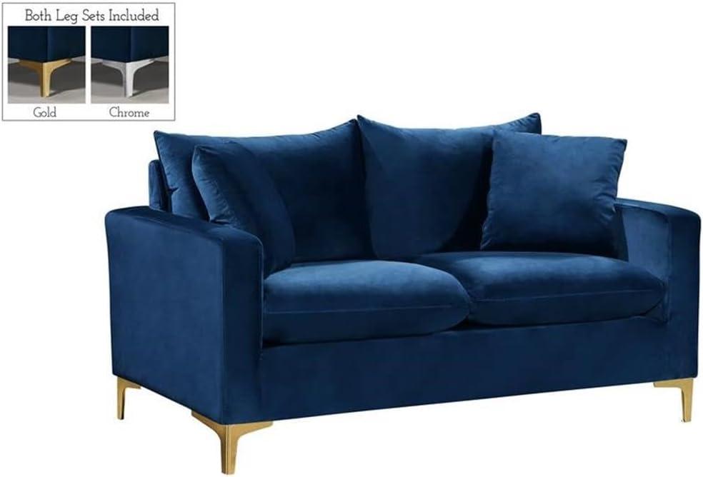 Plush Navy Velvet Loveseat with Customizable Gold and Chrome Legs