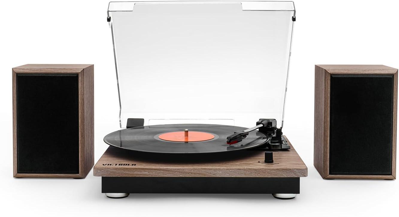 Walnut 3-Speed Belt Drive Turntable with Bluetooth Speakers