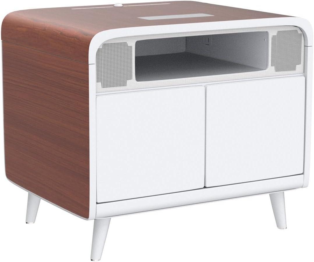 Smart Side/Nightstand Table - with Cooling Drawer, Wireless Charging, Bluetooth Speakers, USB-C and 120V outlets, LED Light, Wood/White