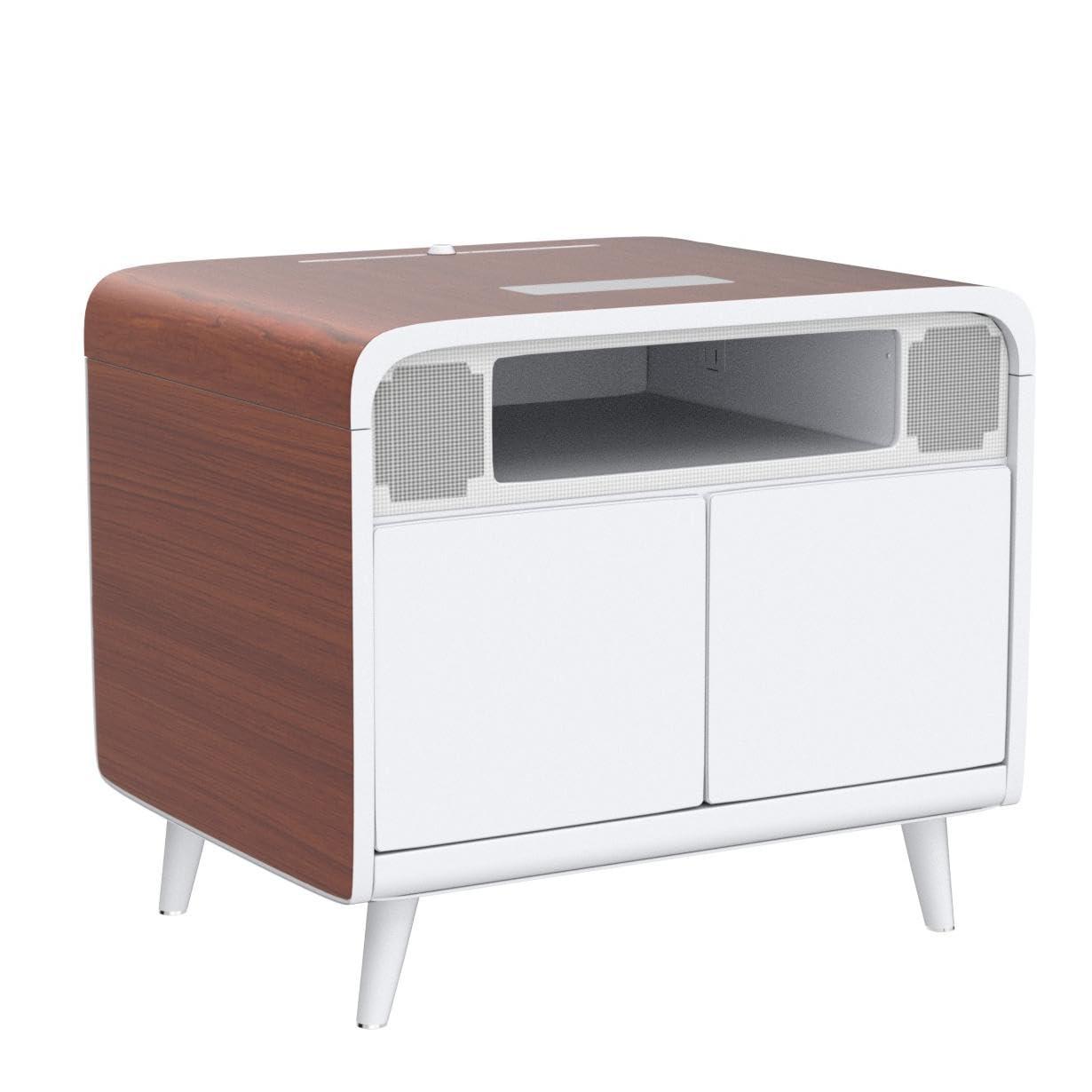 Smart Side/Nightstand Table - with Cooling Drawer, Wireless Charging, Bluetooth Speakers, USB-C and 120V outlets, LED Light, Wood/White
