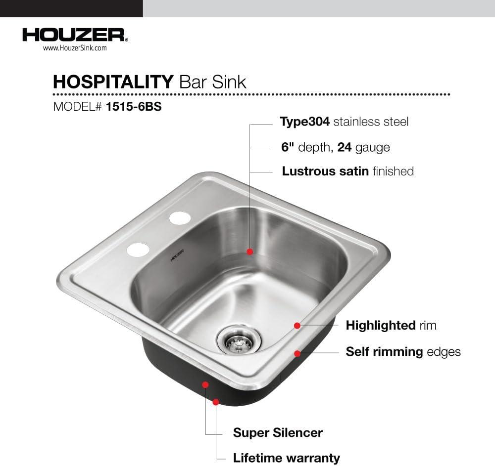 Houzer 15" Stainless Steel Topmount Bar Sink with Strainer