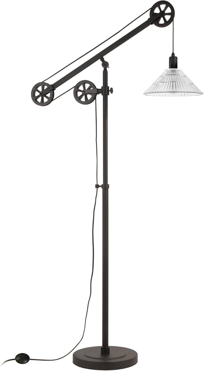 Adjustable Blackened Bronze Floor Lamp with Ribbed Glass Shade and Smart Home Compatibility, 70" Tall