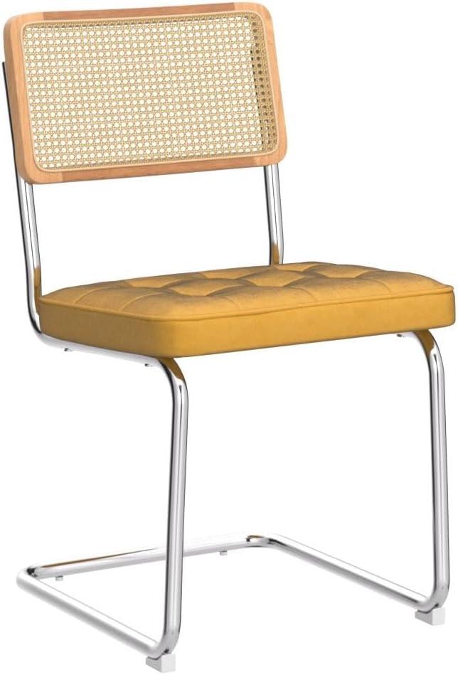 COLAMY Velvet Rattan Dining Chairs Set of 2, Mid Century Modern Dining Room Kitchen Side Chairs with Metal Chrome Legs and Upholstered Seat for Home, Living Room, Bedroom - Yellow