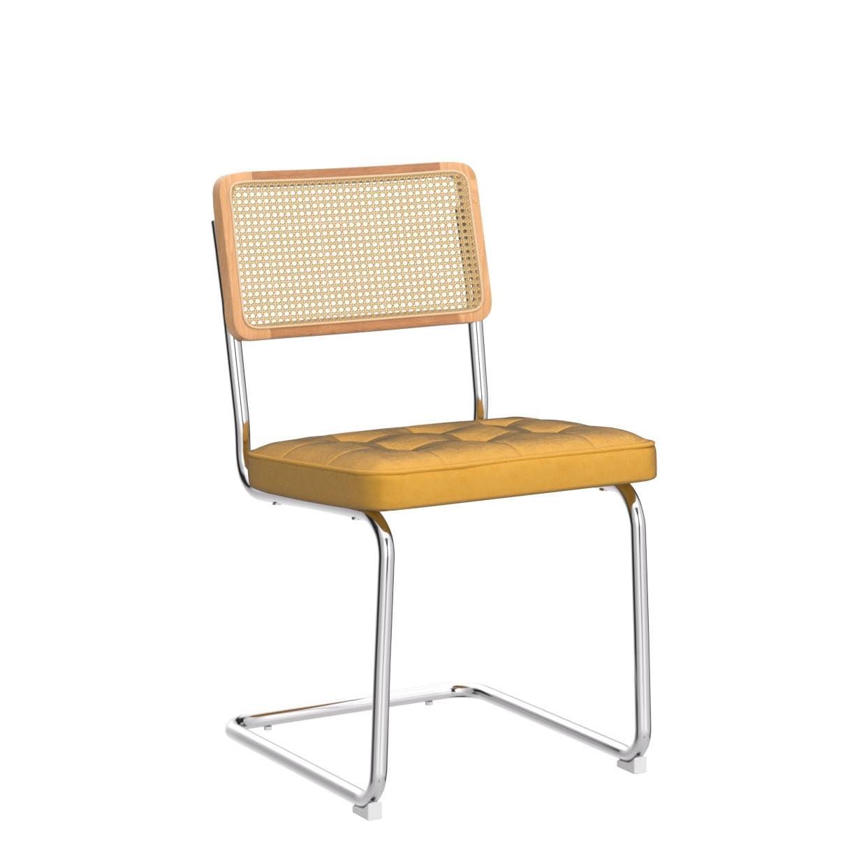 COLAMY Velvet Rattan Dining Chairs Set of 2, Mid Century Modern Dining Room Kitchen Side Chairs with Metal Chrome Legs and Upholstered Seat for Home, Living Room, Bedroom - Yellow