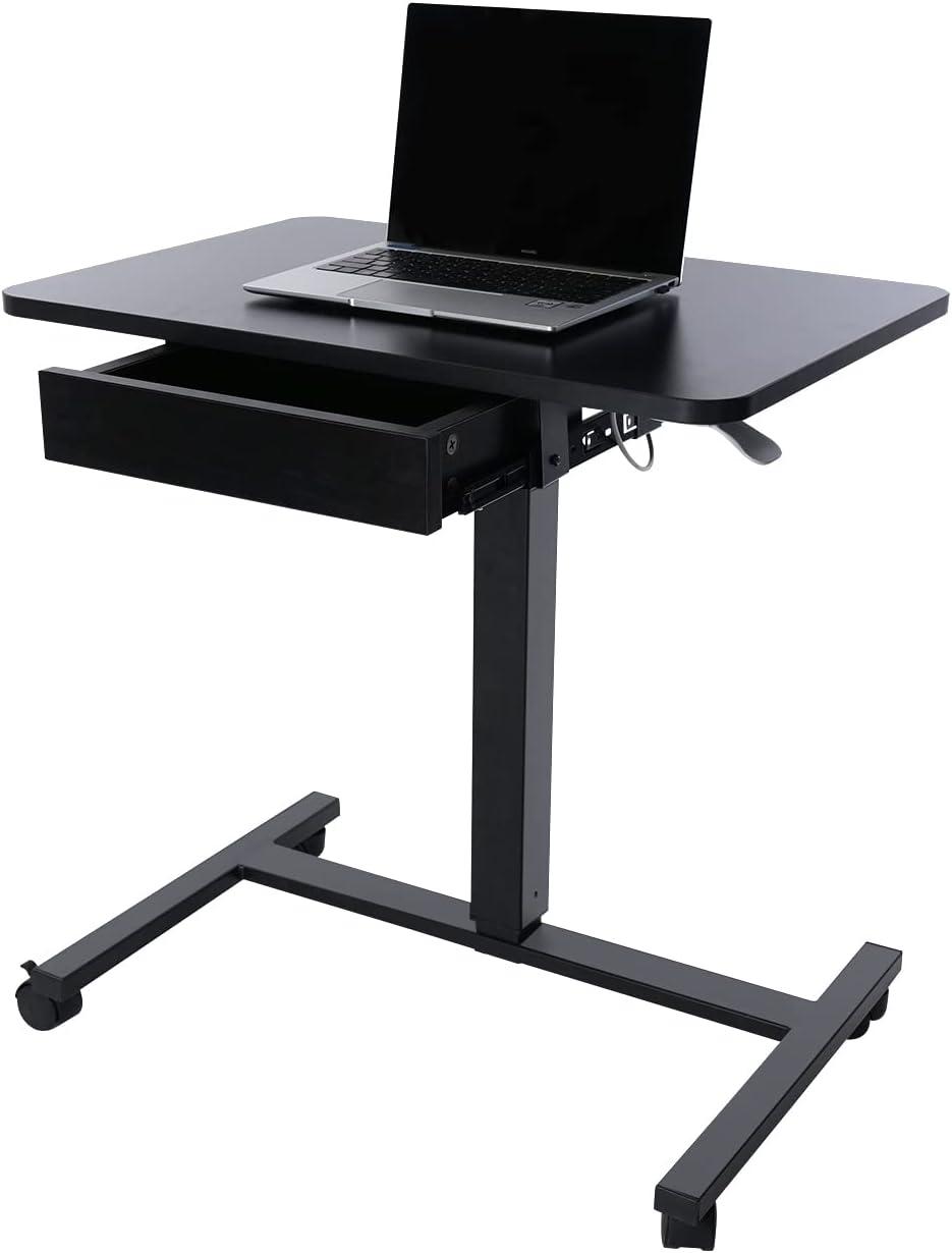 Clatina Pneumatic Height Adjustable Laptop Desk with Lockable Wheels and A Extra Drawer,28 x 18.9 inch desktop size,Black