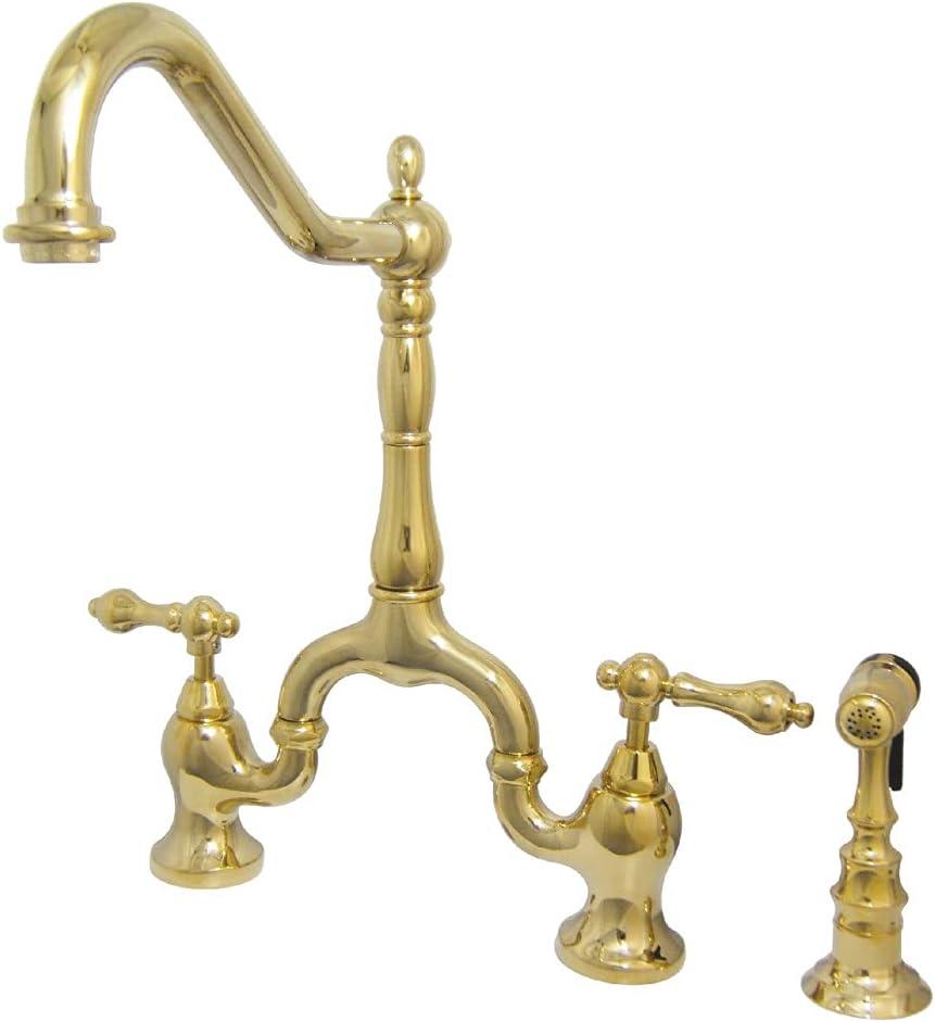 Kingston Brass English Country Two-Handle 3-Hole Deck Mount Bridge Kitchen Faucet with Brass Side Sprayer