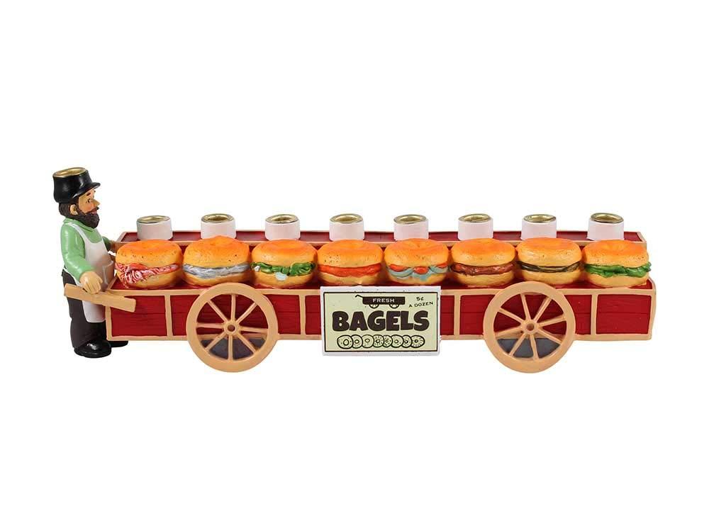 Zion Judaica Bagels and Lox Menorah - Merchant and Sandwiches Cart Collectible Candle Menorah - Fits Standard Size Hanukkah Candles