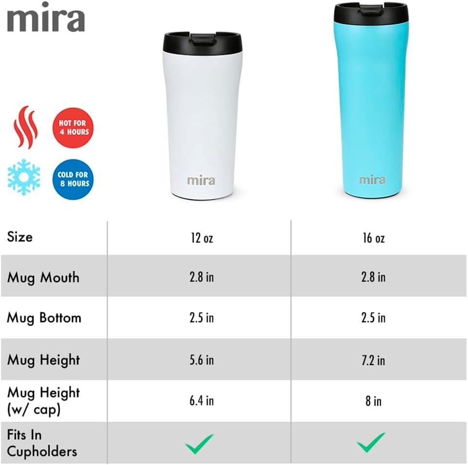 MIRA 12oz Insulated Coffee Travel Mug, Stainless Steel with Screw On Flip Lid, Black