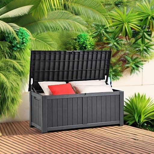 Dextrus Outdoor Storage Deck Box 120 Gallon - Large Resin Patio Storage for Outdoor Pillows, Garden Tools and Pool Supplies - Waterproof and Lockable (Dark Grey)