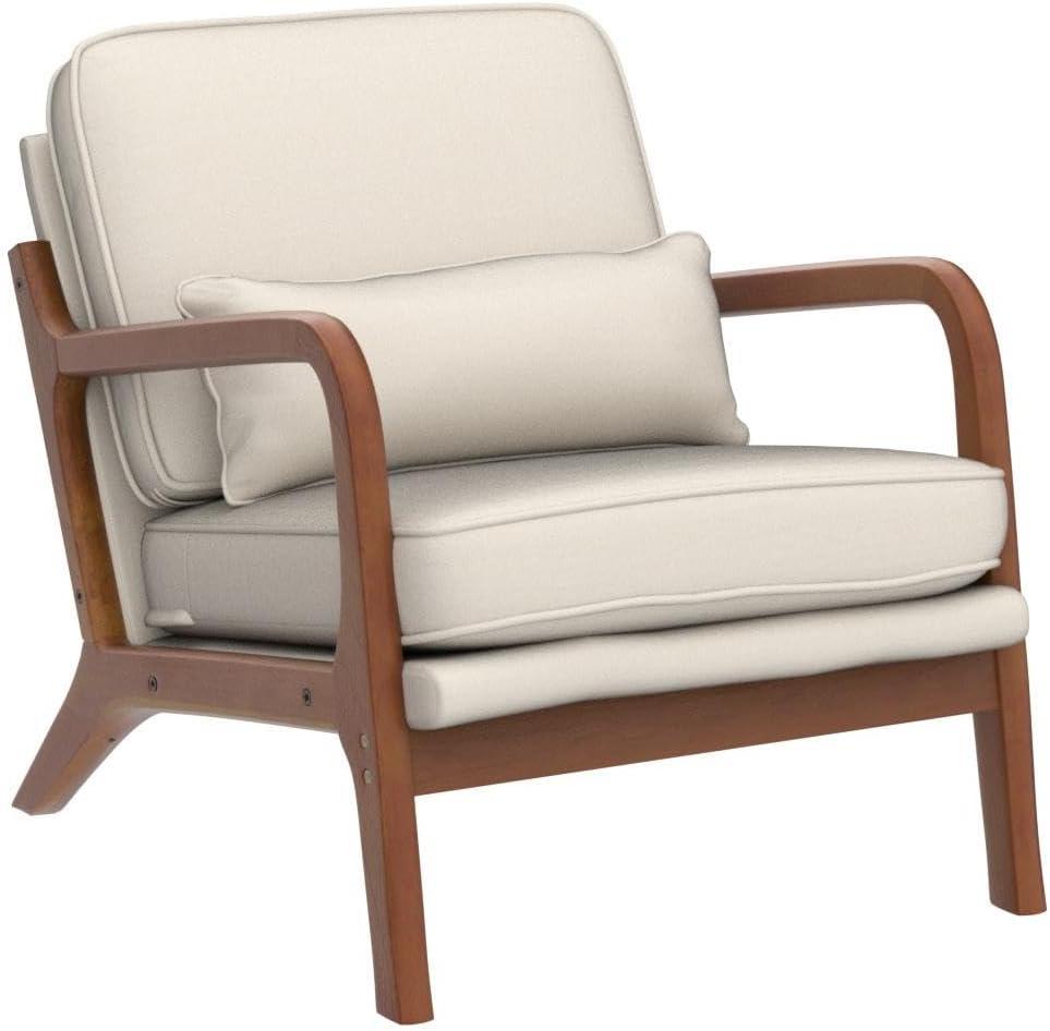 Beige Linen Armchair with Wood Frame and Pillow