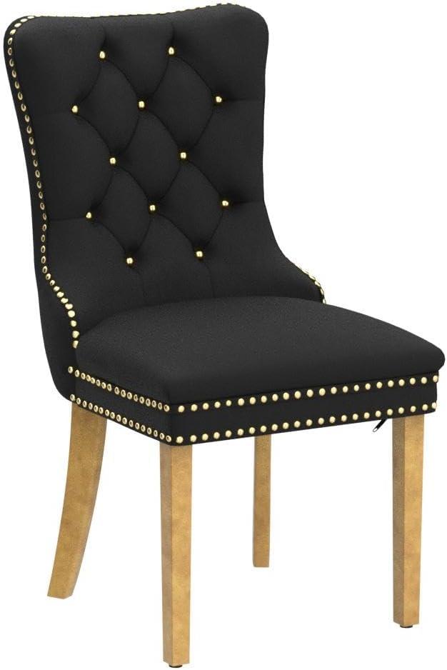 LegaHome Dining Chairs Set of 2, Modern Upholstered Velvet Dining Room Chairs with Nailhead Trim and Golden Stainless Steel Plating Solid Wood Legs, Tufted Button Padded Chairs Set for Kitchen, Black