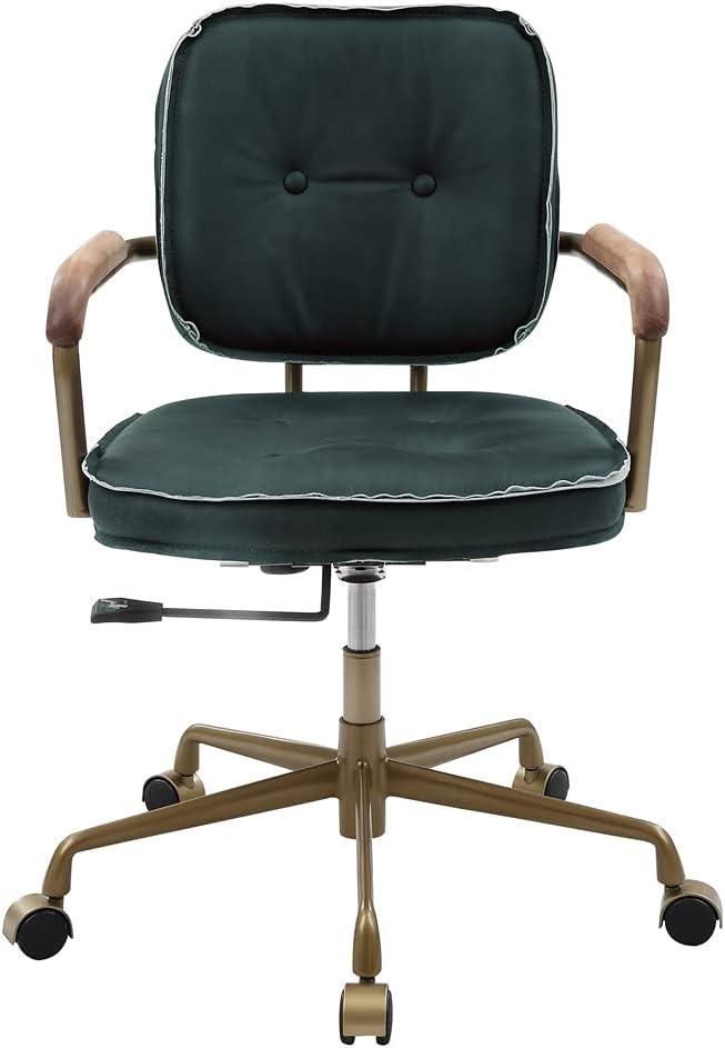 Industrial Top Grain Leather Swivel Office Chair, Adjustable Height Computer Chair with Wooden Armrest and 5-Stars Metal Base, Upholstered Task Chair Armchair with Ergonomic Bakcrest, Emerald Green