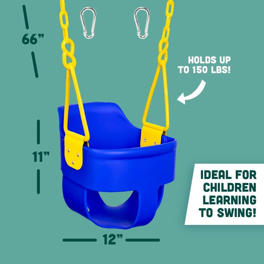 Premium High Back Full Bucket Toddler Swing Seat with Finger Grip, Plastic Coated Chains and Carabiners for Easy Install - Blue - Squirrel Products