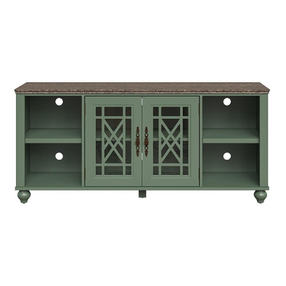 LIVILAND 60" Vintage TV Stand with Carved Doors for TVs Up to 70" - Green