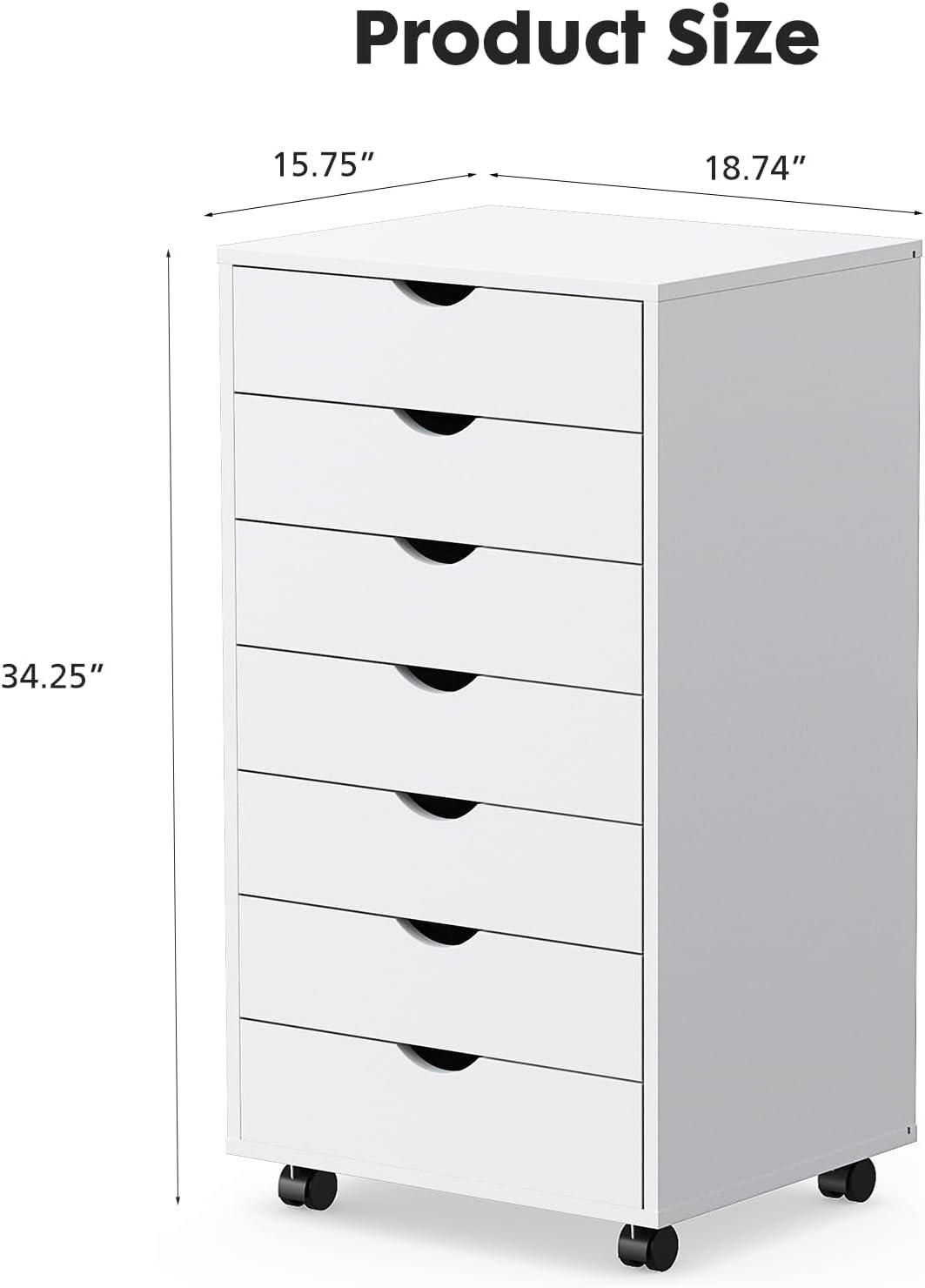 HeSLehs 7-Drawer Organizer, Tall Chest of Drawers with Caster Wheels, Alex Drawers File for Home Office, White