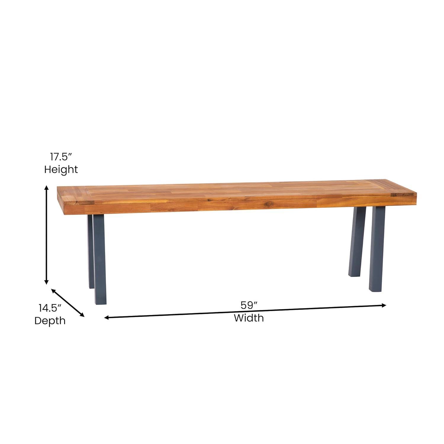 Flash Furniture Martindale Solid Acacia Wood Patio Dining Bench for 2 with Slatted Top and Black Flared Wooden Legs in a Natural Finish