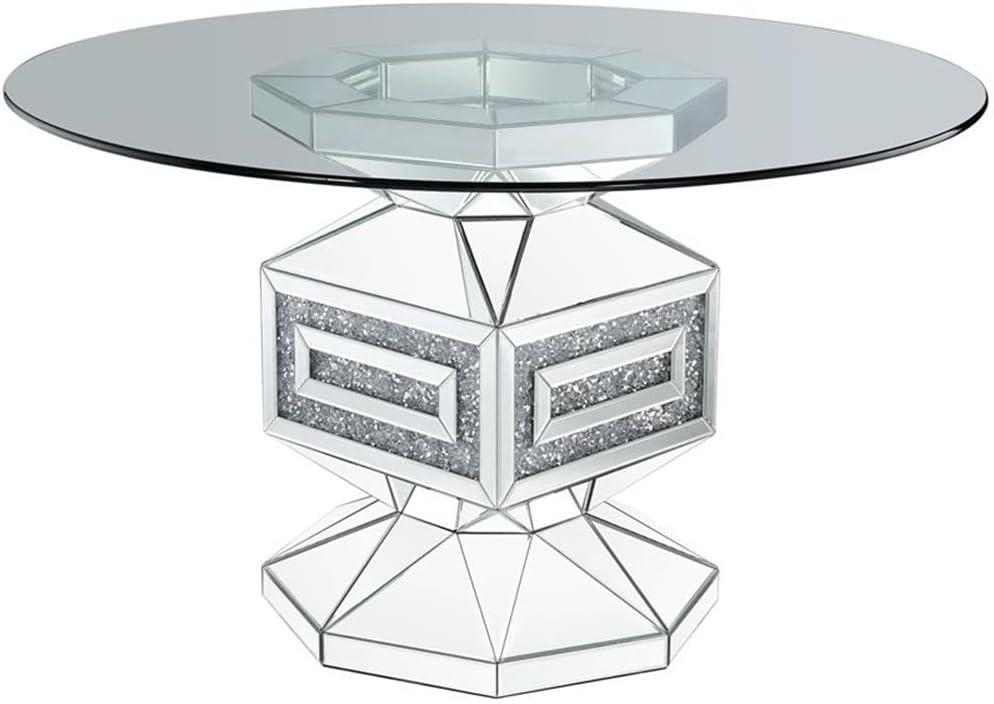 Round Clear Glass Dining Table with Mirrored Pedestal and Faux Diamonds