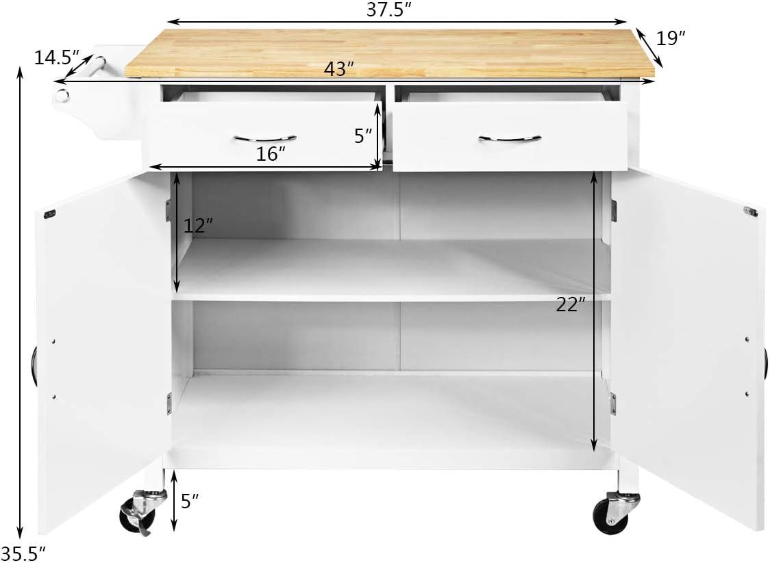 Costway Modern Rolling Kitchen Cart Island Wood Top Storage Trolley Cabinet Utility New White