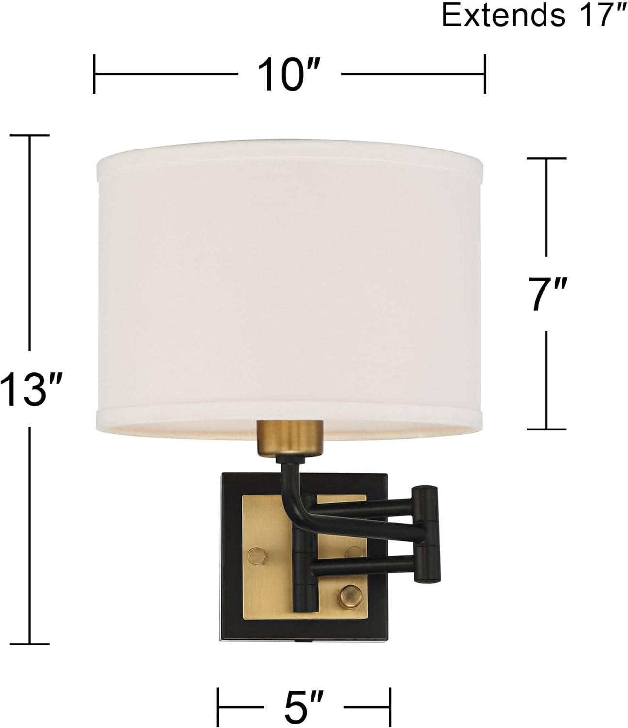 360 Lighting Joelle Modern Swing Arm Wall Lamp Brass Black Plug-in Light Fixture Fabric Drum Shade for Bedroom Bedside Living Room Reading Home House