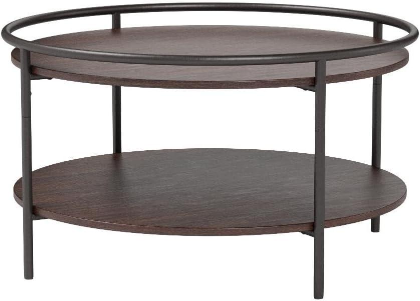 Nathan James Paloma Round Coffee Tea or Cocktail with Raised Tray Top Edge Tables, 2-Tier Minimalist Style Living Room, Dark Oak/Matte Black